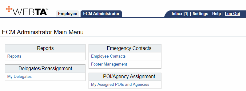 ECM Administrator Main Menu Page