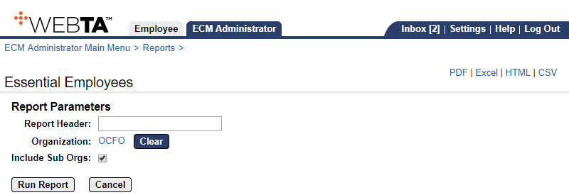 Essential Employees Report Parameters Page
