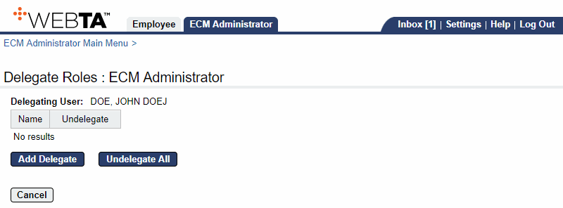 Delegate Roles ECM Administrator Page