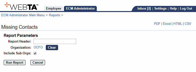 Missing Contacts Report Parameters Page