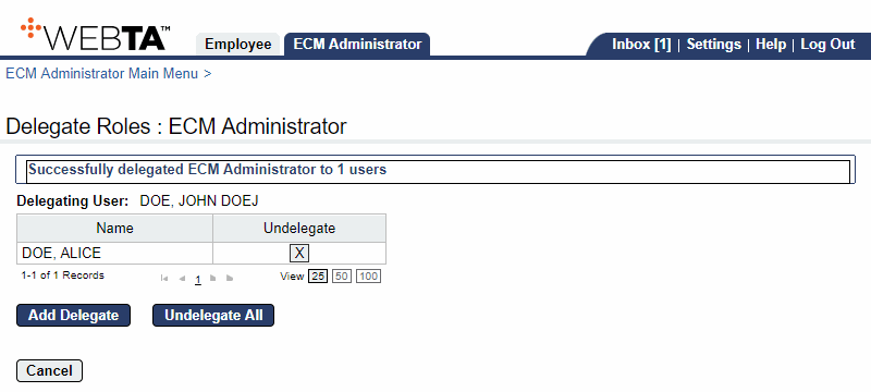 Delegate Roles ECM Administrator Page - Delegate Added