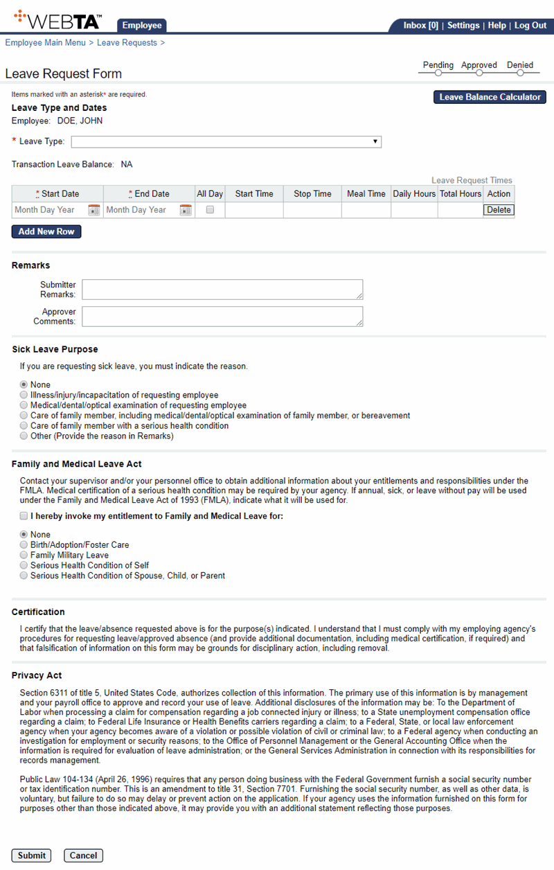 Leave Request Form Page