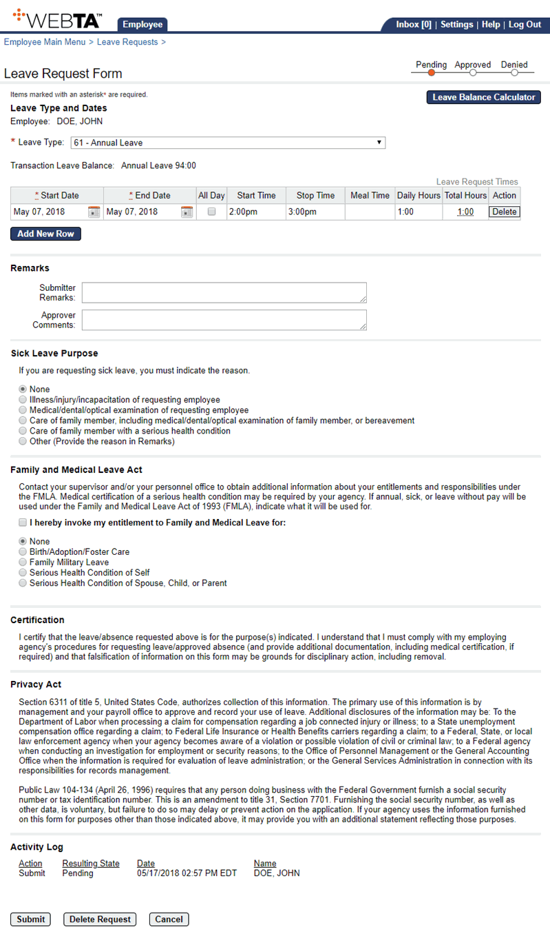 Leave Request Form Page - Editing