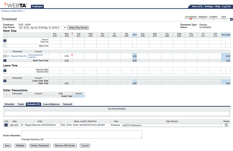Timesheet Page - Remarks Section