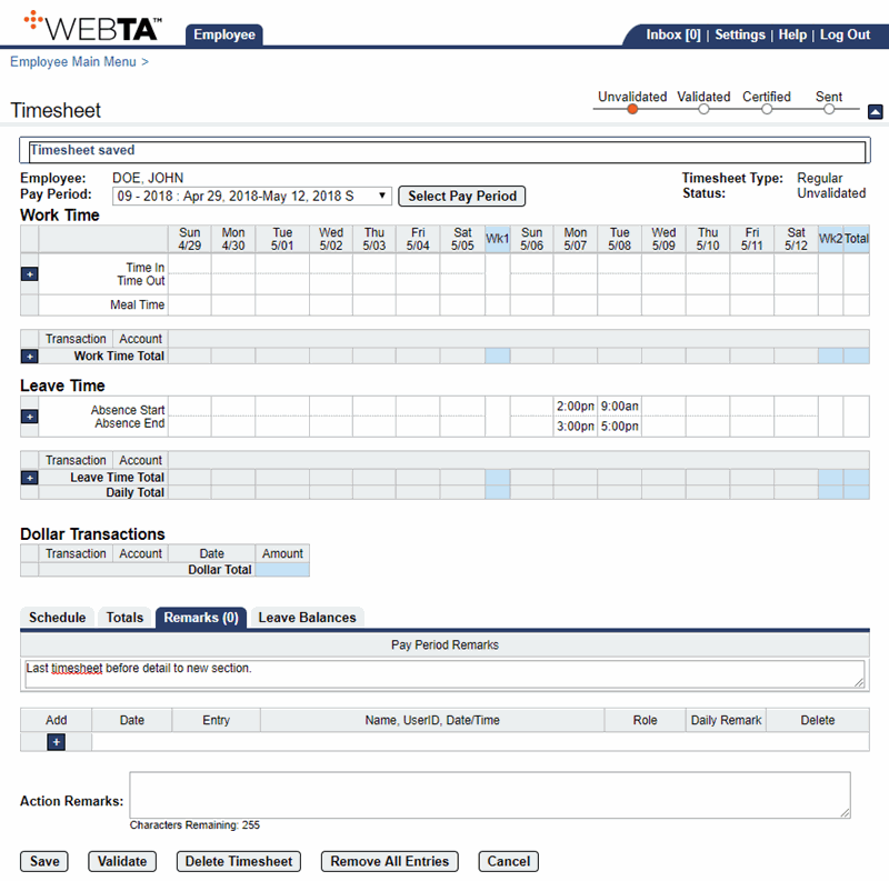 Timesheet Page  - Pay Period Remarks