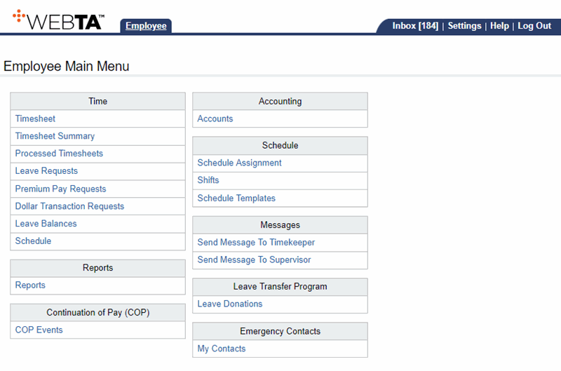 Employee Main Menu Page