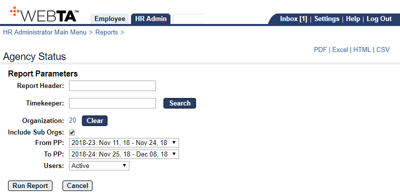 Agency Status Report Parameters Page