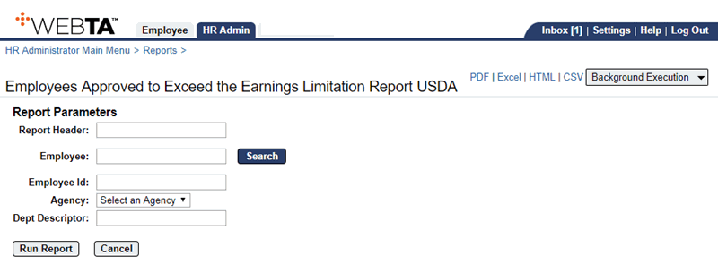 Employees Approved to Exceed the Earnings Limitation Report Parameters Page