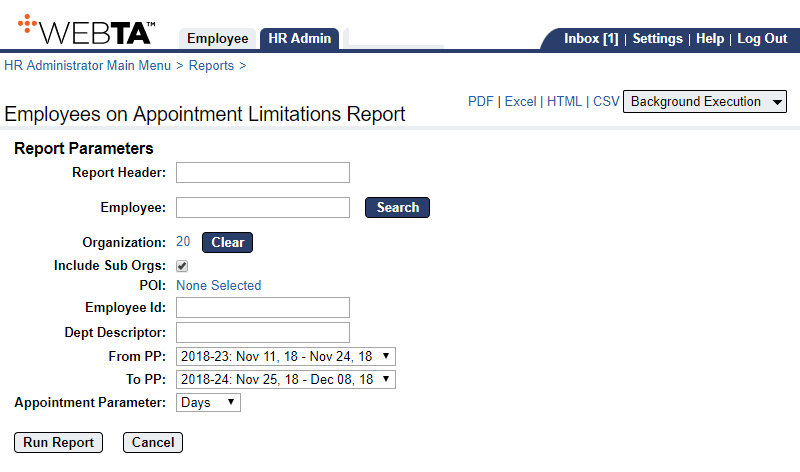 Employees on Appointment Limitations Report Parameters Page