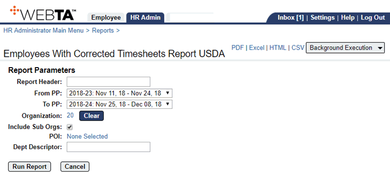 Employees With Corrected Timesheets Report Parameters Page