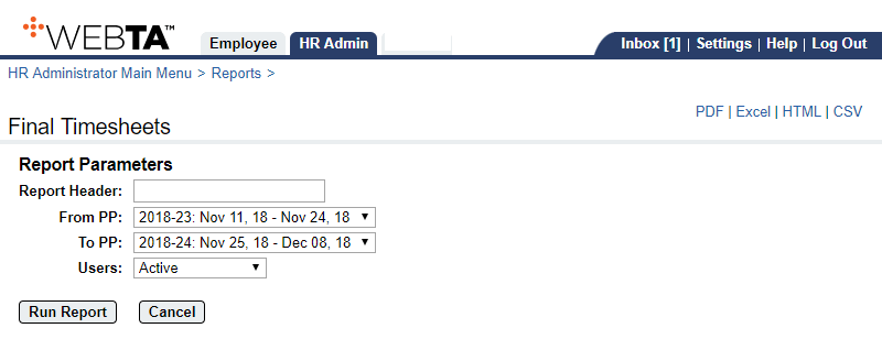 FInal Timesheets Report Parameters Page