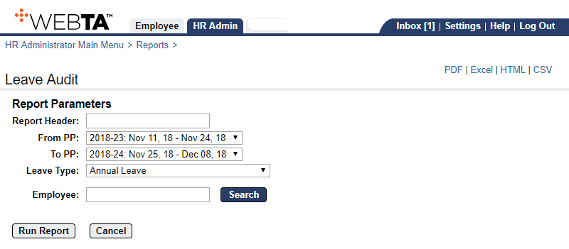 Leave Audit Report Parameters Page