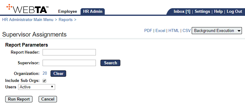 Supervisor Assignments Report Parameters Page