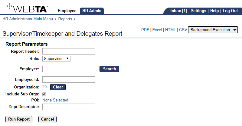 Supervisor Timekeeper and Delegates Report Parameters Page