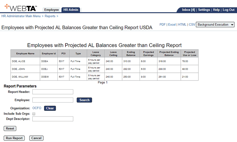 Employees with Projected AL Balances Greater than Ceiling Report