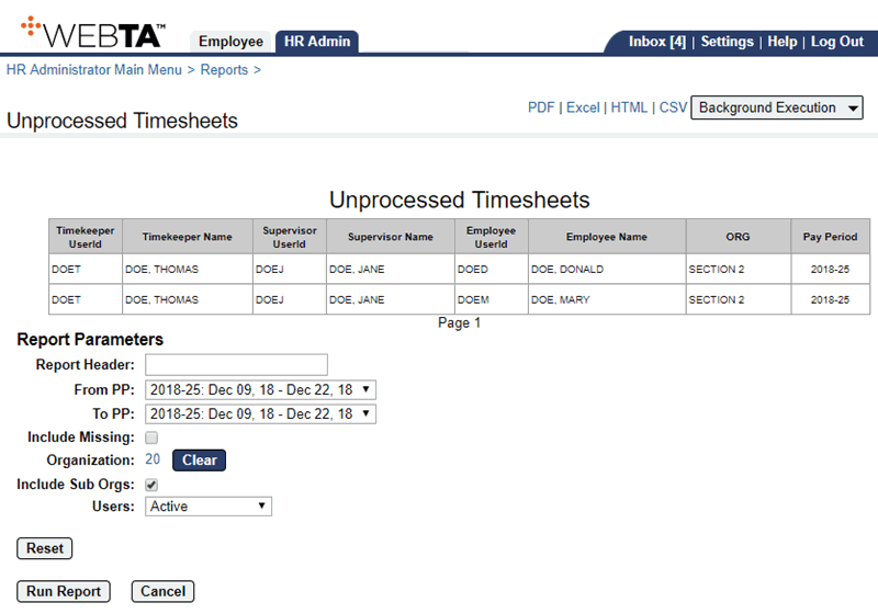 Unprocessed Timesheets Report