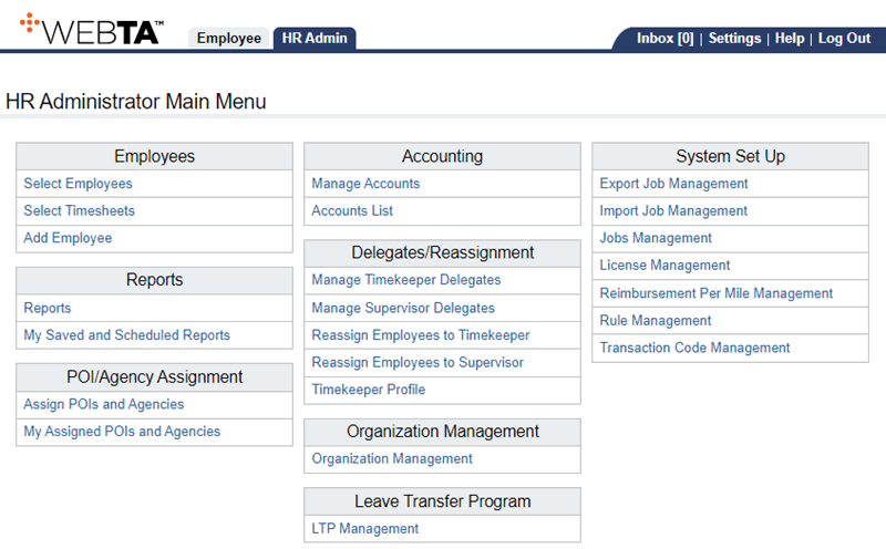 HR Administrator Main Menu Page