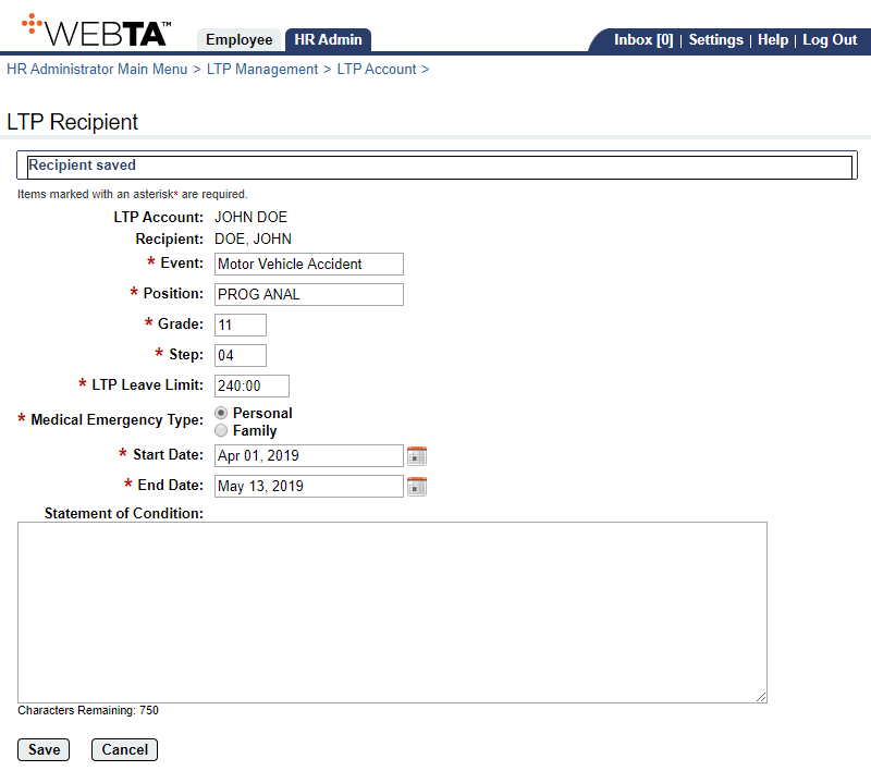 LTP Recipient Page - Adding Recipient