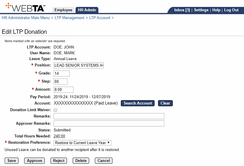 Edit LTP Donations Page - Approving Donation