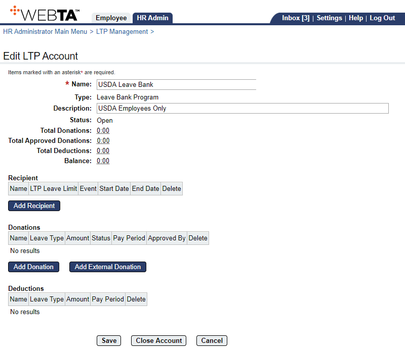 Edit LTP Acount Page - Leave Bank