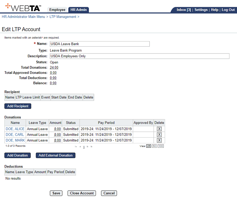 Edit LTP Account Page - Approving Leave Bank Donations