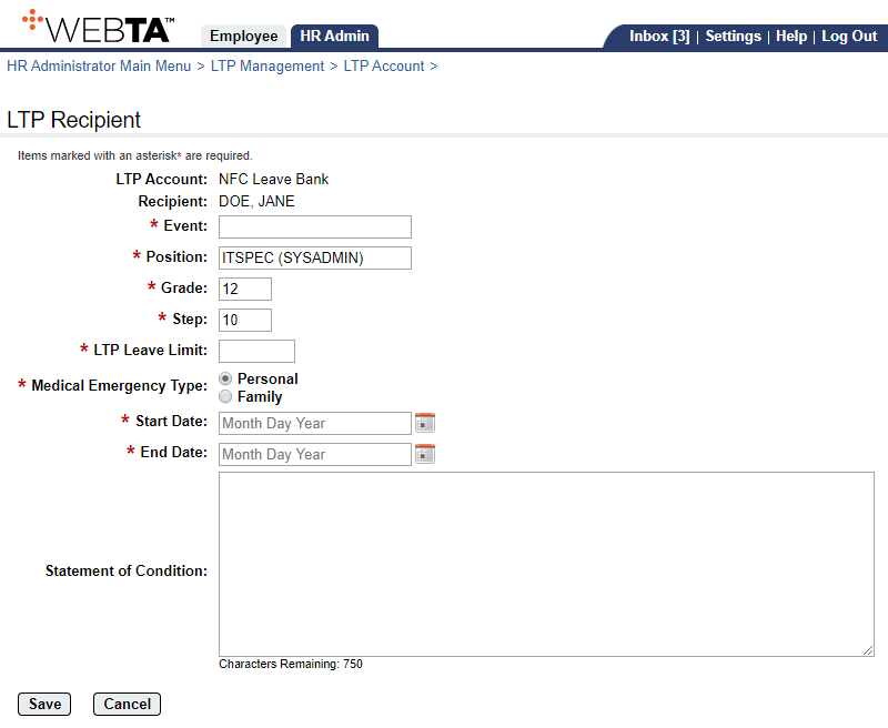 LTP Recipient Page - Adding Recipient to a Leave Bank