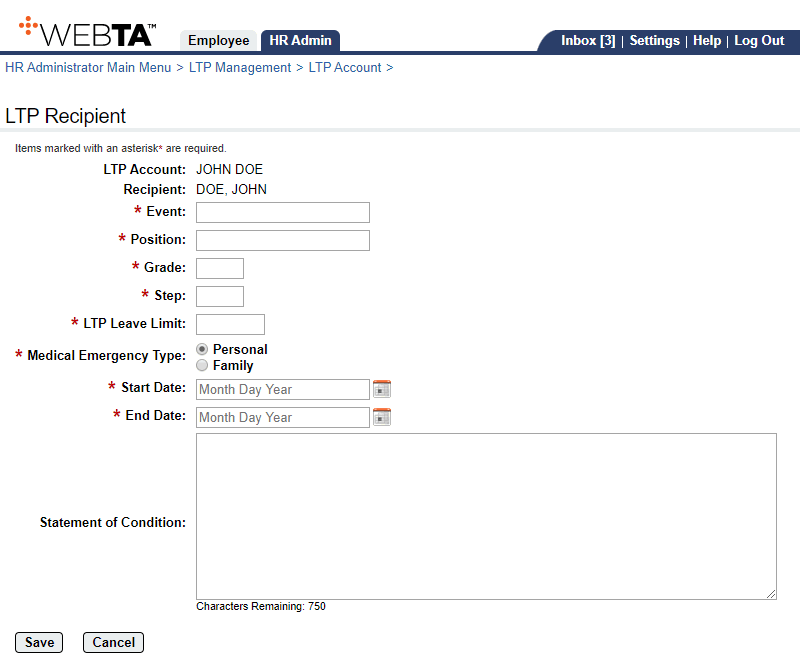 LTP Recipient Page - Adding Recipient to a VLTP Account