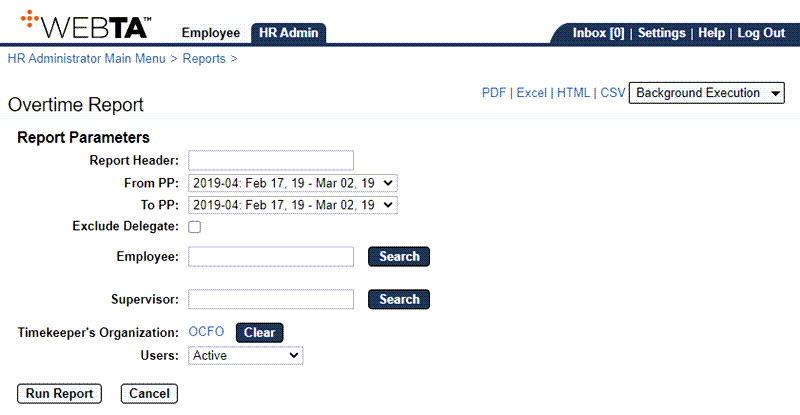 Overtime Report Parameters Page