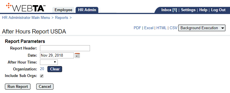 After Hours Report Parameters Page