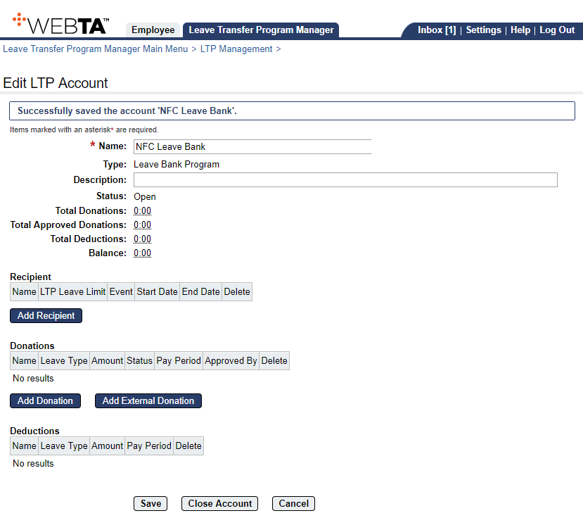 Edit LTP Account Page - Adding Leave Bank