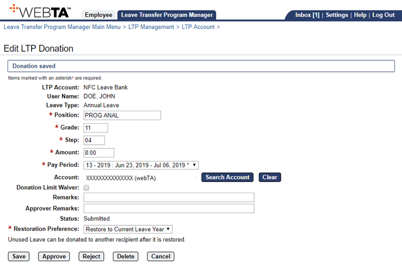 Edit LTP Account Page - Adding Donations to Leave Bank