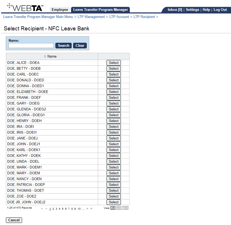 Select Recipient Page - Leave Bank