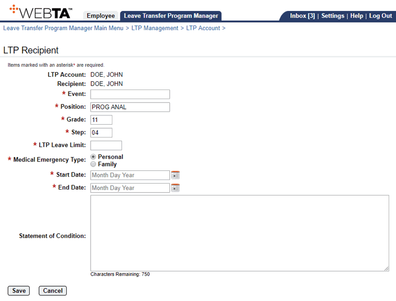 LTP Recipient Page - Adding Recipient