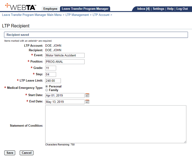 LTP Recipient Page - Recipient Added