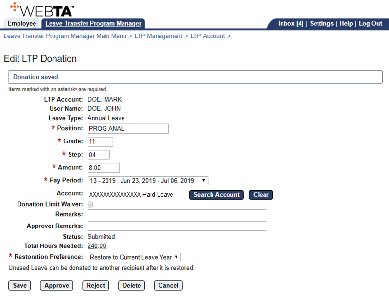 Edit LTP Donation Page - VLTP Donation Saved