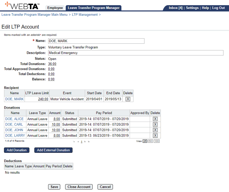 Edit LTP Account Page - Approving Donations