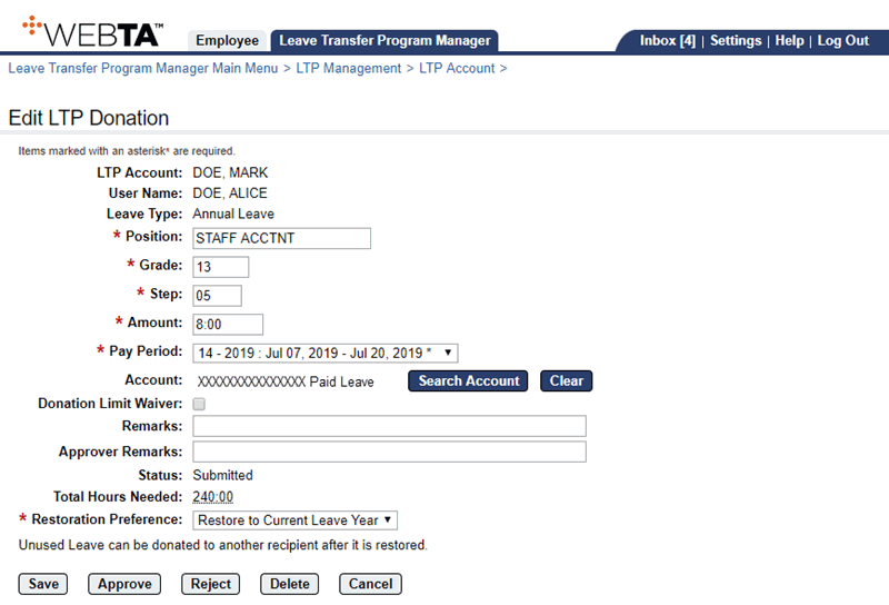 Edit LTP Donation Page - Approving Donation