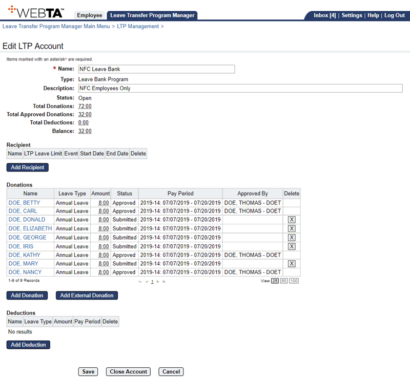 Edit LTP Account Page - Approving Leave Bank Donations