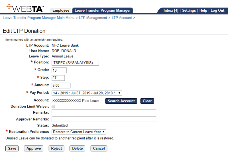 Edit LTP Donation Page - Approving Leave Bank Donation