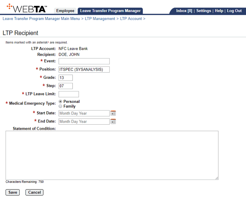 LTP Recipient Page - Adding Recipient to a Leave Bank