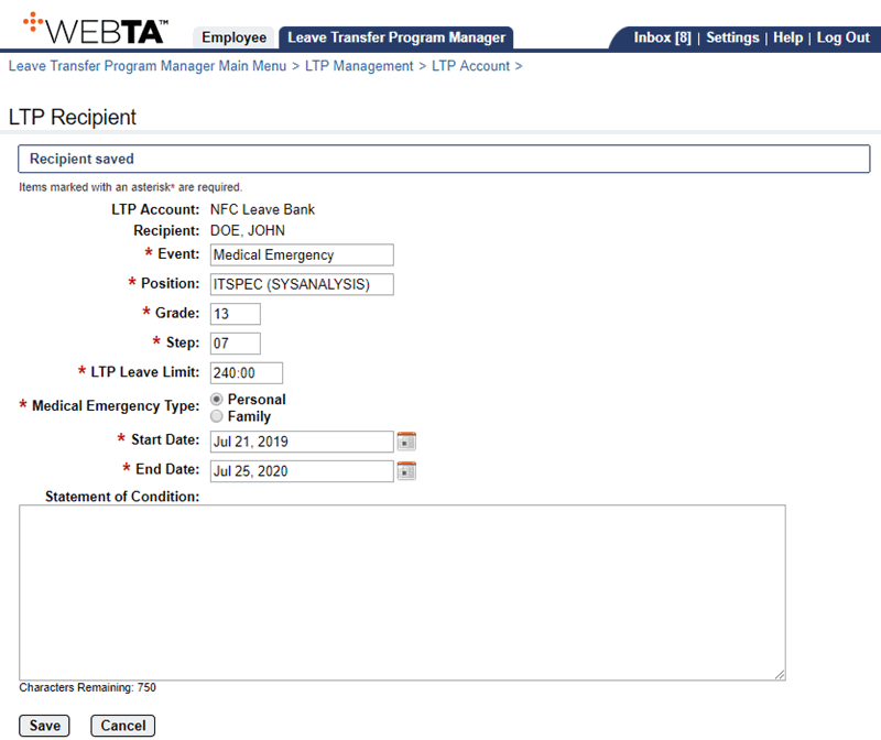 LTP Recipient Page - Recipient Added to Leave Bank