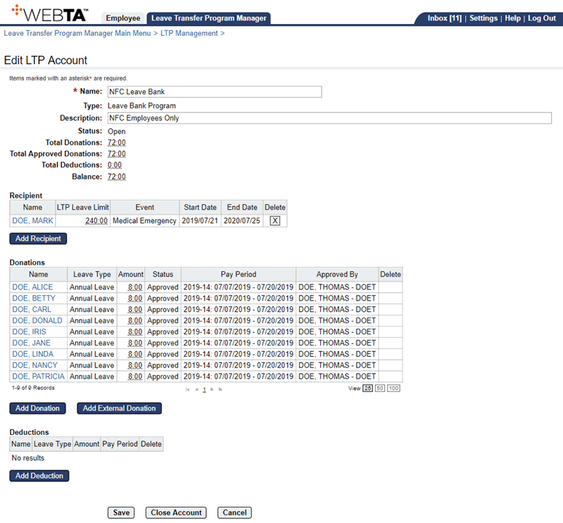 Edit LTP Account Page - Adding Recipient to Leave Bank