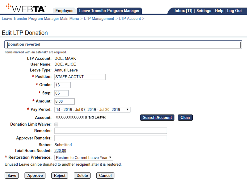 Edit LTP Donation Page - Donation Reverted