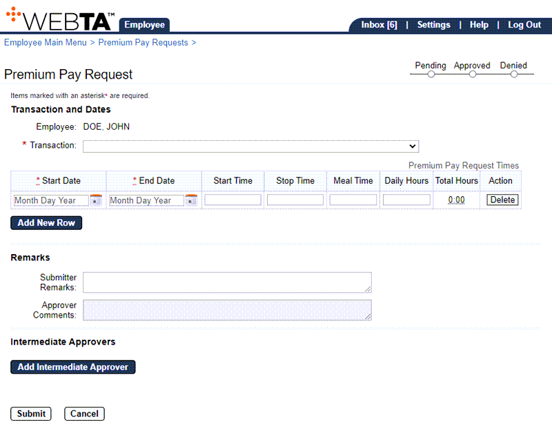 Premium Pay Request Page