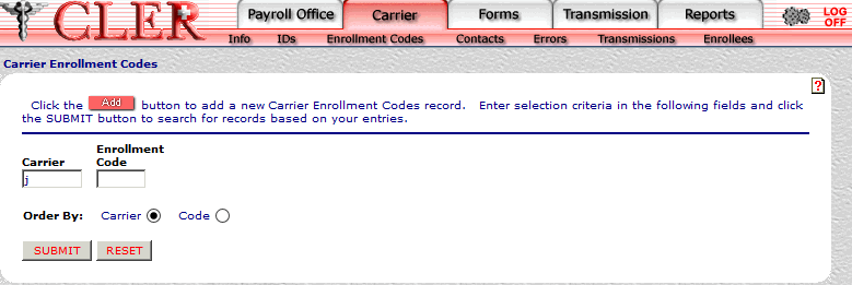 Carrier Enrollment Codes Page