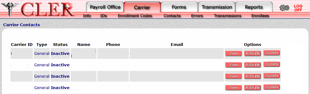 Carrier Contacts Search Results Page