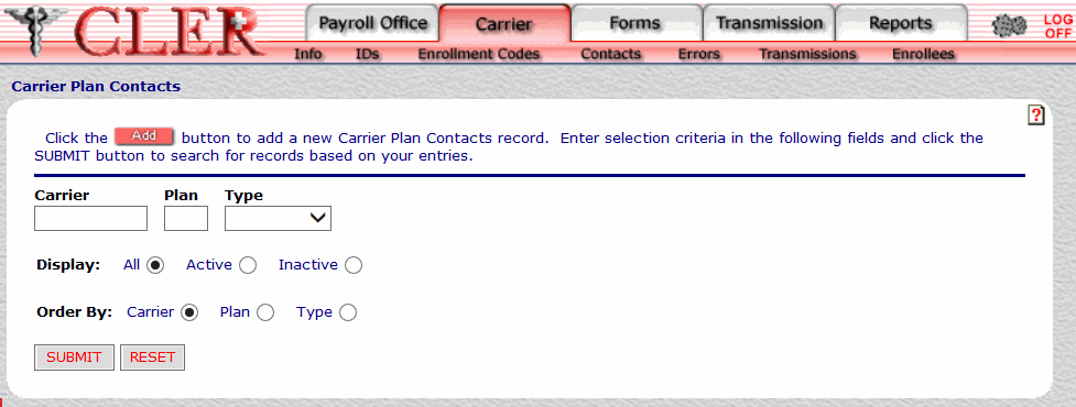 Carrier Plan Contacts Page