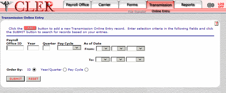 Transmission Online Entry page