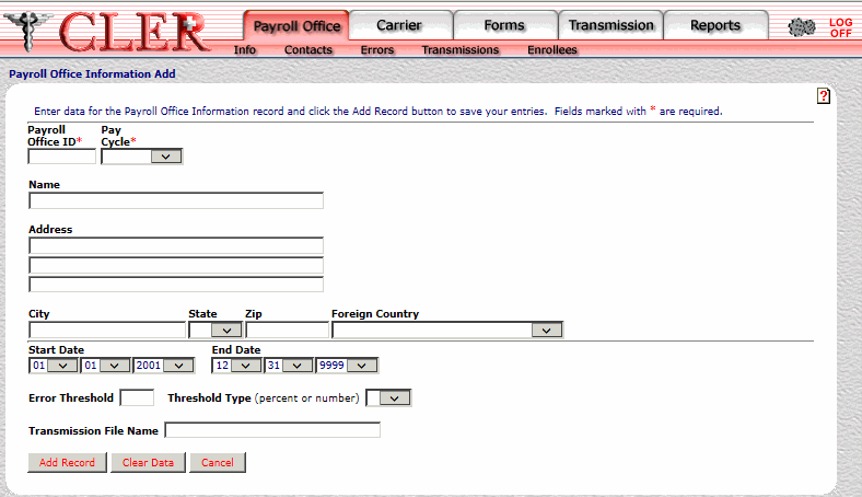 Payroll Office Information Add Page