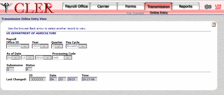 Transmission Online Entry View Page
